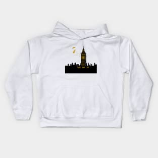 Mary Poppins and Big Ben Linocut Print in black, blue and gold Kids Hoodie